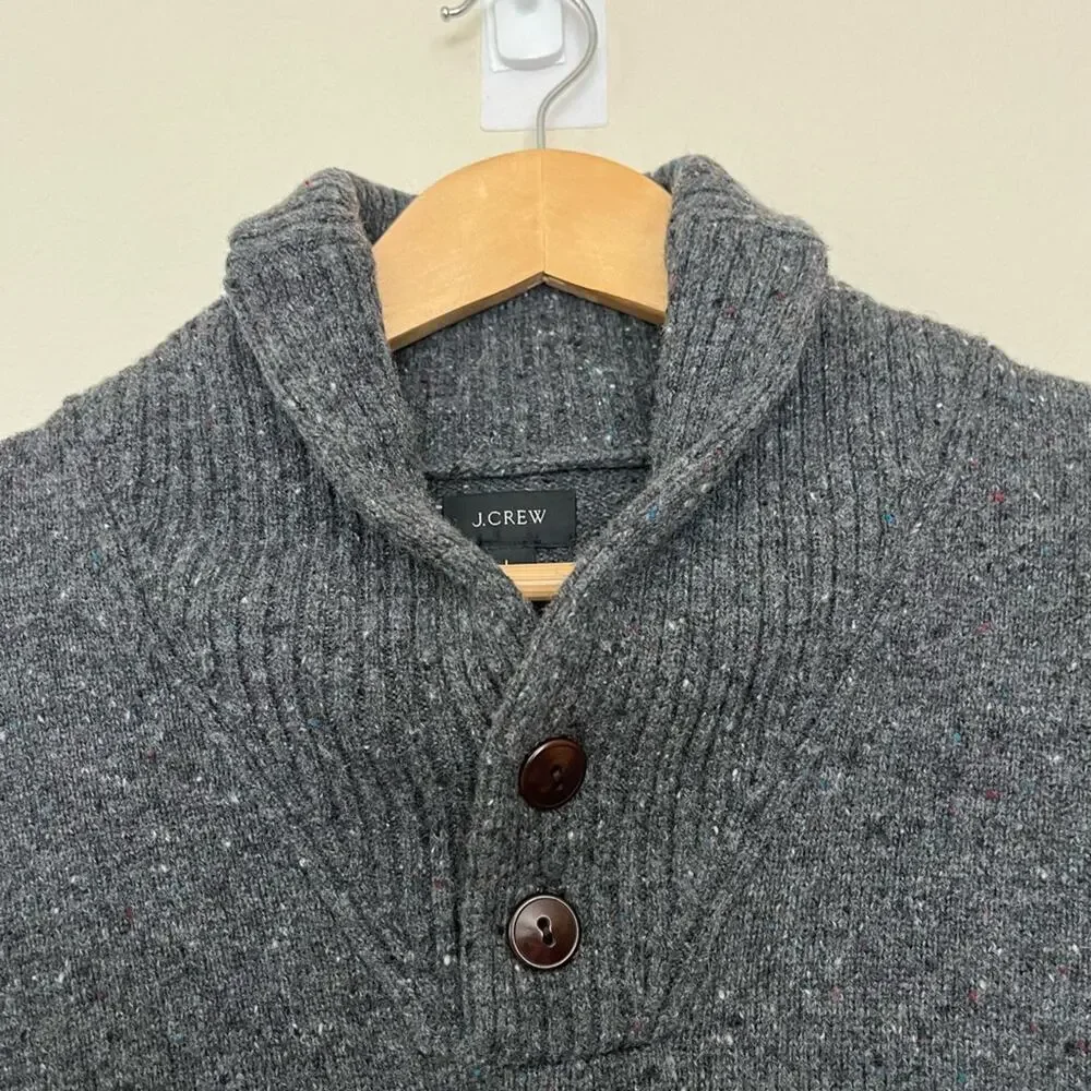 J. Crew Men’s merino wool blend Pullover Sweater L gray long sleeve Shawl Collar